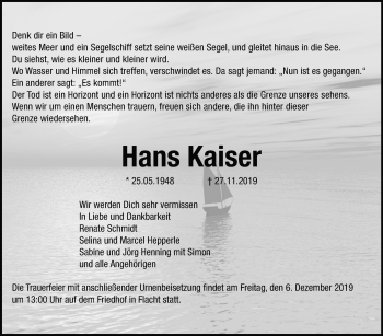 Traueranzeige von Hans Kaiser von Leonberger Kreiszeitung / Strohgäu Extra