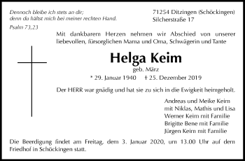 Traueranzeige von Helga Keim von Leonberger Kreiszeitung / Strohgäu Extra