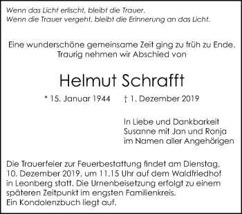 Traueranzeige von Helmut Schrafft von Leonberger Kreiszeitung / Strohgäu Extra