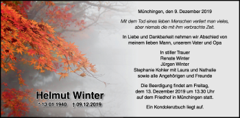 Traueranzeige von Helmut Winter von Leonberger Kreiszeitung / Strohgäu Extra