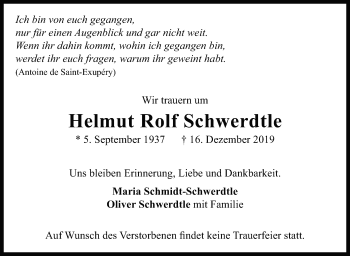 Traueranzeige von Helmut Rolf Schwerdtle von Leonberger Kreiszeitung / Strohgäu Extra