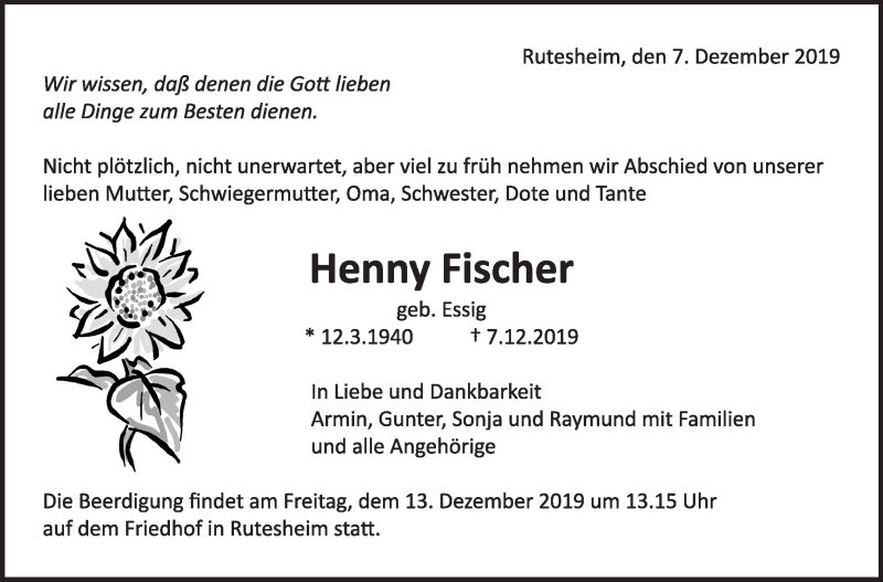  Traueranzeige für Henny Fischer vom 10.12.2019 aus Leonberger Kreiszeitung / Strohgäu Extra