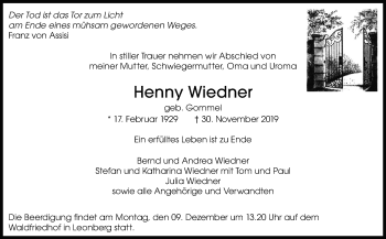 Traueranzeige von Henny Wiedner von Leonberger Kreiszeitung / Strohgäu Extra