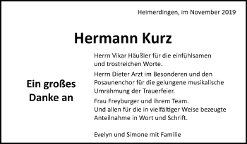 Traueranzeige von Hermann Kurz von Leonberger Kreiszeitung / Strohgäu Extra