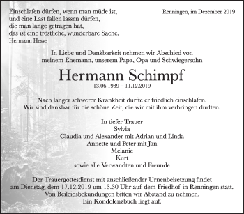 Traueranzeige von Hermann Schimpf von Leonberger Kreiszeitung / Strohgäu Extra