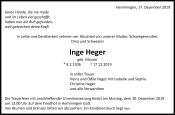 Traueranzeige von Inge Heger von Leonberger Kreiszeitung / Strohgäu Extra
