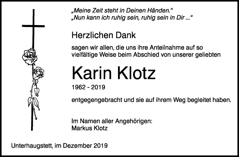  Traueranzeige für Karin Klotz vom 21.12.2019 aus Leonberger Kreiszeitung / Strohgäu Extra