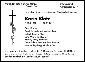 Traueranzeige von Karin Klotz von Leonberger Kreiszeitung / Strohgäu Extra