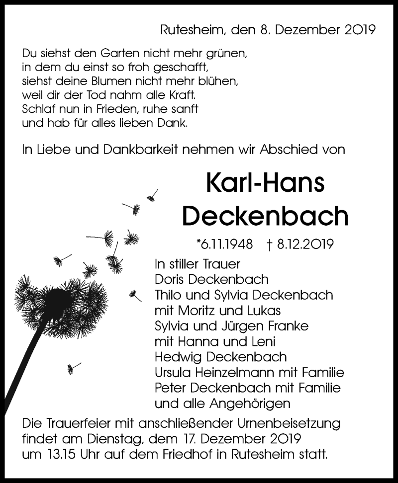  Traueranzeige für Karl-Hans Deckenbach vom 12.12.2019 aus Leonberger Kreiszeitung / Strohgäu Extra