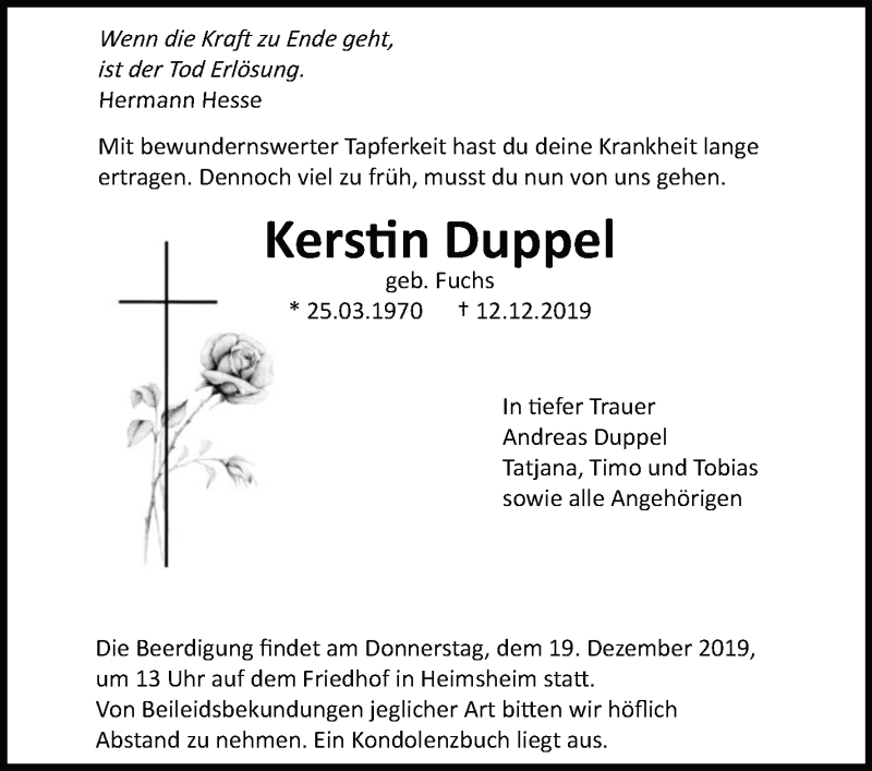  Traueranzeige für Kerstin Duppel vom 17.12.2019 aus Leonberger Kreiszeitung / Strohgäu Extra