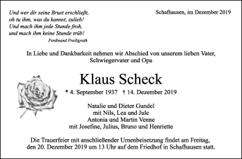 Traueranzeige von Klaus Scheck von Leonberger Kreiszeitung / Strohgäu Extra