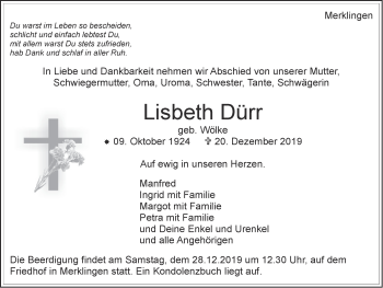 Traueranzeige von Lisbeth Dürr von Leonberger Kreiszeitung / Strohgäu Extra