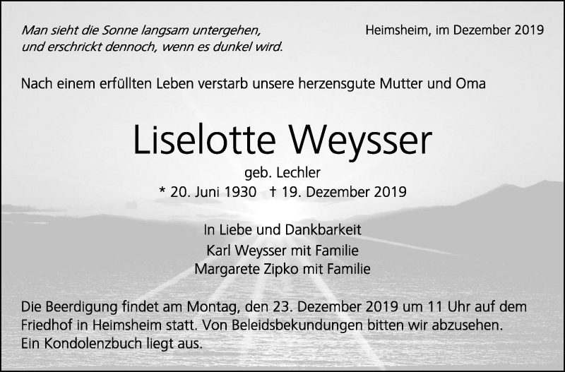  Traueranzeige für Liselotte Weysser vom 21.12.2019 aus Leonberger Kreiszeitung / Strohgäu Extra