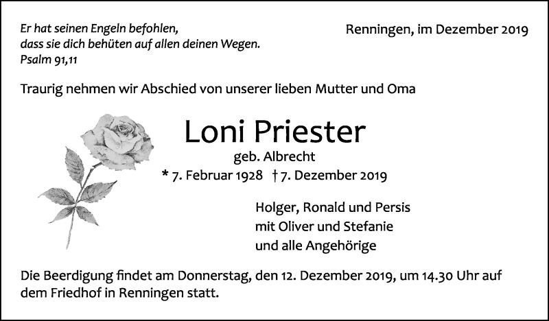  Traueranzeige für Loni Priester vom 10.12.2019 aus Leonberger Kreiszeitung / Strohgäu Extra