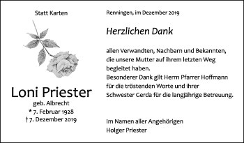 Traueranzeige von Loni Priester von Leonberger Kreiszeitung / Strohgäu Extra