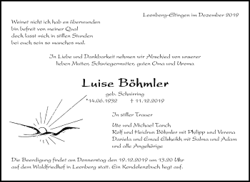 Traueranzeige von Luise Böhmler von Leonberger Kreiszeitung / Strohgäu Extra