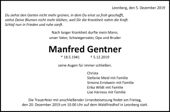 Traueranzeige von Manfred Gentner von Leonberger Kreiszeitung / Strohgäu Extra