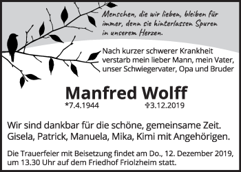 Traueranzeige von Manfred Wolff von Leonberger Kreiszeitung / Strohgäu Extra