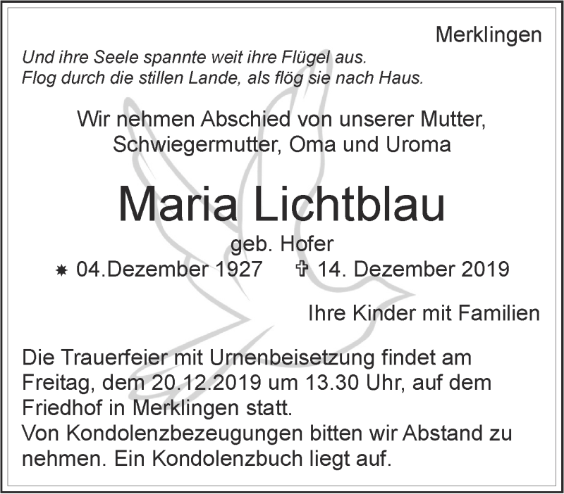  Traueranzeige für Maria Lichtblau vom 18.12.2019 aus Leonberger Kreiszeitung / Strohgäu Extra
