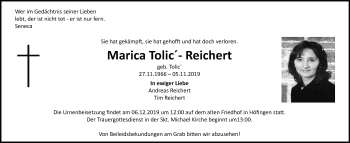 Traueranzeige von Marica Tone Reichert von Leonberger Kreiszeitung / Strohgäu Extra