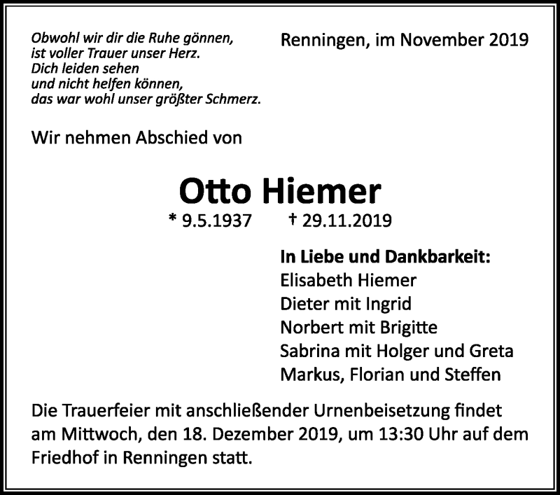 Traueranzeige für Otto Hiemer vom 05.12.2019 aus Leonberger Kreiszeitung / Strohgäu Extra
