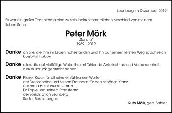 Traueranzeige von Peter Mörk von Leonberger Kreiszeitung / Strohgäu Extra