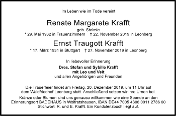 Traueranzeige von Renate Margarete Krafft von Leonberger Kreiszeitung / Strohgäu Extra