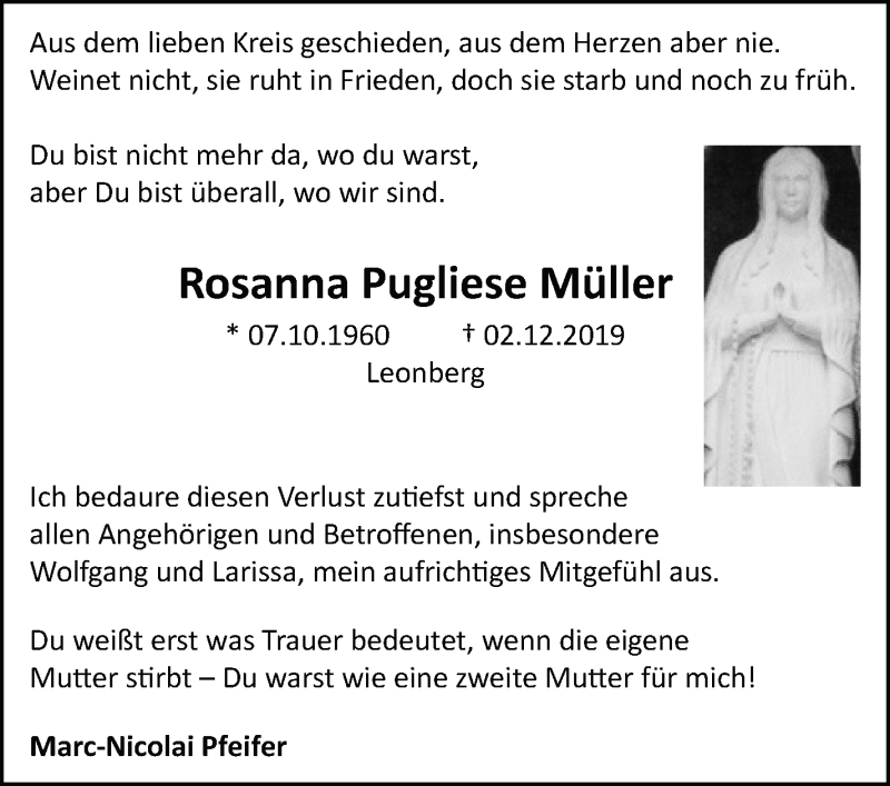  Traueranzeige für Rosanna Pugliese Müller vom 05.12.2019 aus Leonberger Kreiszeitung / Strohgäu Extra