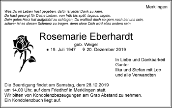Traueranzeige von Rosemarie Eberhardt von Leonberger Kreiszeitung / Strohgäu Extra