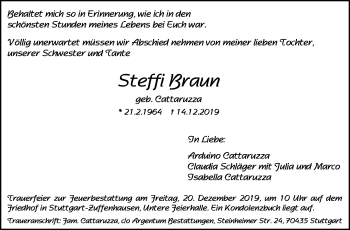 Traueranzeige von Steffi Braun von Leonberger Kreiszeitung / Strohgäu Extra