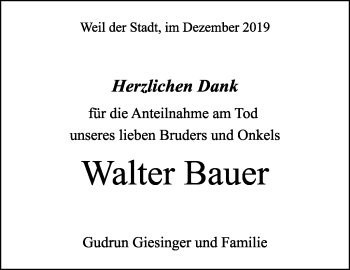 Traueranzeige von Walter Bauer von Leonberger Kreiszeitung / Strohgäu Extra
