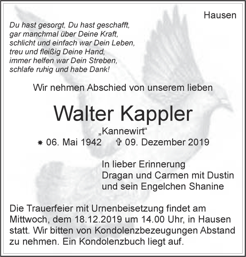  Traueranzeige für Walter Kappler vom 14.12.2019 aus Leonberger Kreiszeitung / Strohgäu Extra