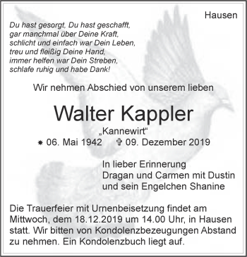 Traueranzeige von Walter Kappler von Leonberger Kreiszeitung / Strohgäu Extra