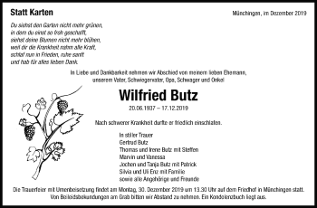 Traueranzeige von Wilfried Butz von Leonberger Kreiszeitung / Strohgäu Extra