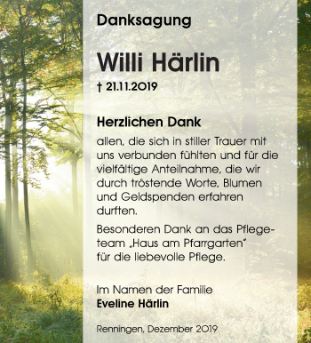 Traueranzeige von Willi Härlin von Leonberger Kreiszeitung / Strohgäu Extra