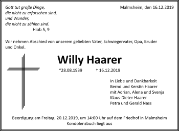 Traueranzeige von Willy Haarer von Leonberger Kreiszeitung / Strohgäu Extra