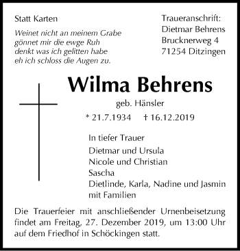 Traueranzeige von Wilma Behrens von Leonberger Kreiszeitung / Strohgäu Extra