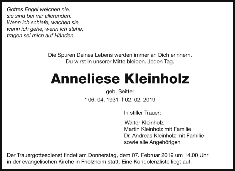  Traueranzeige für Anneliese Kleinholz vom 05.02.2019 aus Leonberger Kreiszeitung / Strohgäu Extra