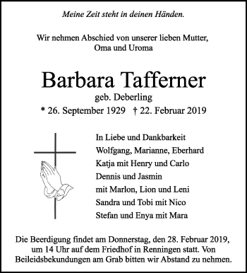 Traueranzeige von Barbara Tafferner von Leonberger Kreiszeitung / Strohgäu Extra