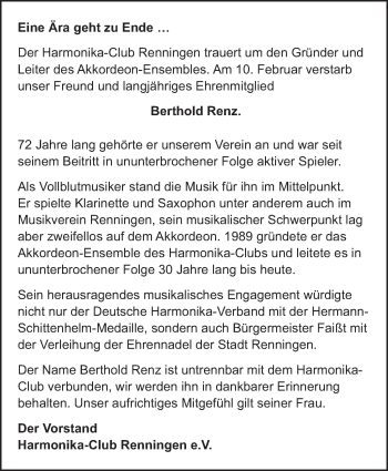 Traueranzeige von Berthold Renz von Leonberger Kreiszeitung / Strohgäu Extra