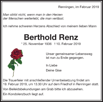 Traueranzeige von Berthold Renz von Leonberger Kreiszeitung / Strohgäu Extra