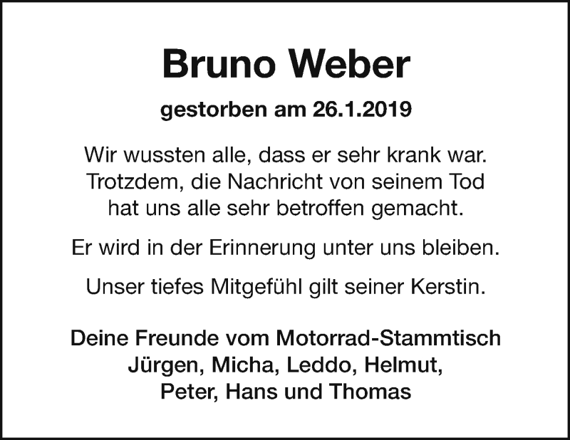  Traueranzeige für Bruno Weber vom 02.02.2019 aus Leonberger Kreiszeitung / Strohgäu Extra