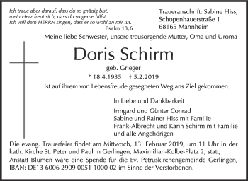 Traueranzeige von Doris Schirm von Leonberger Kreiszeitung / Strohgäu Extra