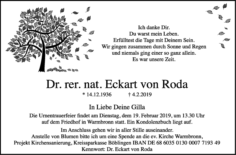  Traueranzeige für Eckart von Roda vom 14.02.2019 aus Leonberger Kreiszeitung / Strohgäu Extra