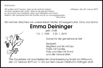 Traueranzeige von Emma Deininger von Leonberger Kreiszeitung / Strohgäu Extra