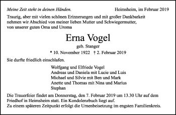 Traueranzeige von Erna Vogel von Leonberger Kreiszeitung / Strohgäu Extra