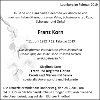 Traueranzeige von Franz Korn von Leonberger Kreiszeitung / Strohgäu Extra