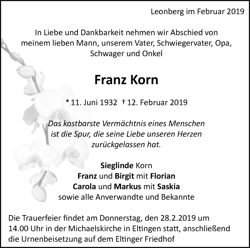  Traueranzeige für Franz Korn vom 23.02.2019 aus Leonberger Kreiszeitung / Strohgäu Extra