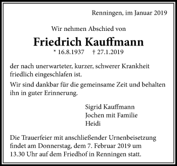 Traueranzeige von Friedrich Kauffmann von Leonberger Kreiszeitung / Strohgäu Extra