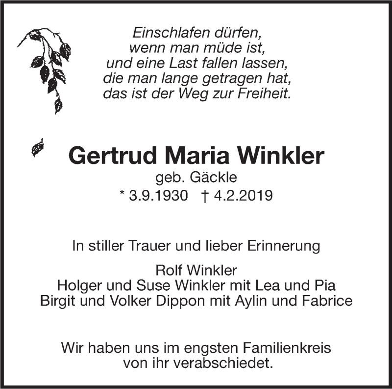  Traueranzeige für Gertrud Maria Winkler vom 11.02.2019 aus Leonberger Kreiszeitung / Strohgäu Extra
